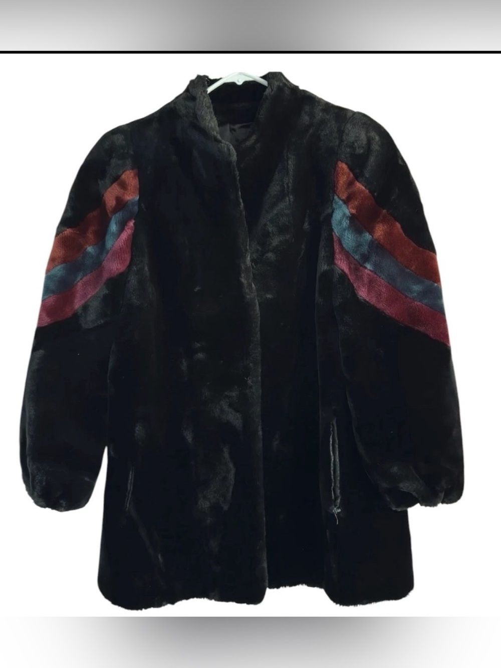 Vtg 80s Central Park Zoo Faux Fur Coat Black Colorblock Stripe Sleeve XS Petite